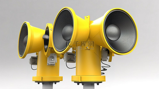 消息系统背景图片_白色背景下的 3D 插图中连接到一根杆子上的三个扬声器