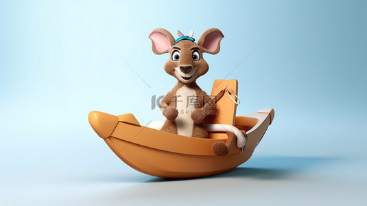 有趣的 3D 袋鼠卡通在划艇上举着牌子