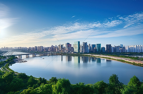 蓝色水城市背景背景图片_韩国长沙市以河为中心