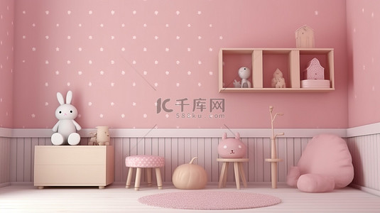 家庭教育分享背景图片_带有装饰口音的浅粉色室内儿童房的 3D 渲染
