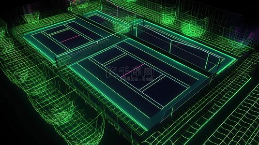 带有网络和运动游戏的虚拟霓虹网球场的顶视图