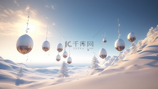 日风景背景图片_悬挂在 3D 冬季仙境上的节日装饰品