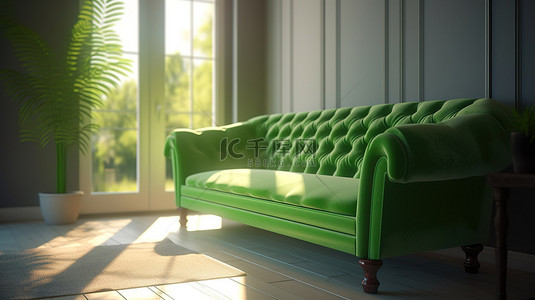 室内渲染图背景图片_阳光普照的客厅里充满活力的绿色沙发 3D 渲染图
