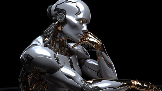 女性思考背景图片_在黑色背景上思考 3D 渲染的女性机器人或机器人