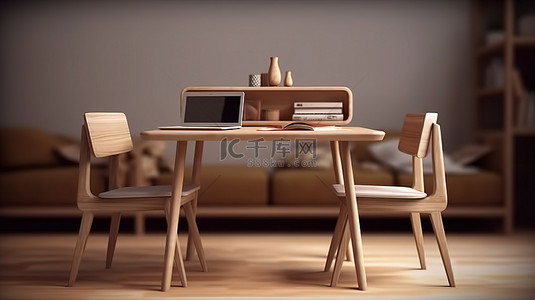 双木座椅和桌子，在家中舒适地工作，办公桌上配有笔记本电脑3D 插图