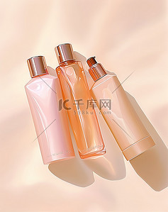 化妆品膏霜瓶背景图片_淡黄色背景中的三个化妆品瓶