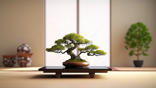 现代生活空间，矮桌上有一棵盆景树，辅以木地板和 3D 渲染的榻榻米垫