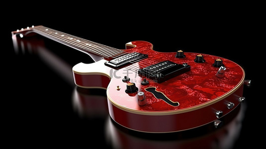 复古风格的电吉他，采用令人惊叹的红色色调，展示在经过 3D 专业渲染的时尚黑色背景上