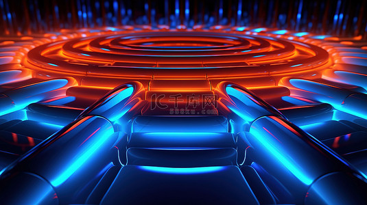发光的橙色和蓝色霓虹灯背景的充满活力的 3D 插图