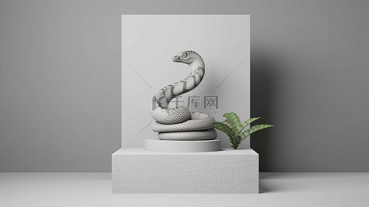 带有房屋形状符号和蛇植物的讲台的 3D 渲染