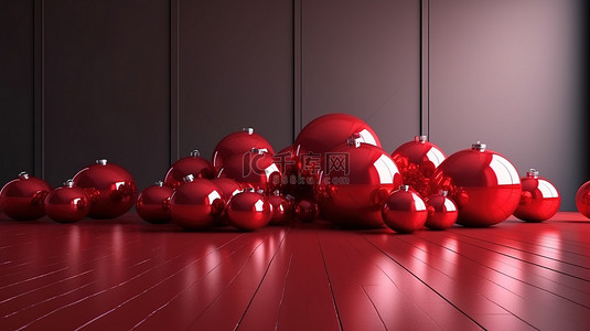 适合您创意触感的完美画布 3D 渲染的红色圣诞球设置在节日装饰中