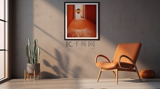 现代风格的室内装饰，墙上有 3D 渲染的样机海报和椅子