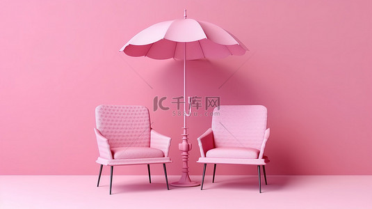 旅游海报卡通背景图片_优雅的粉红色椅子和雨伞在柔和的柔和背景中 3D 渲染的奢华插图