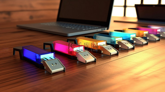 彩色办公文件夹和 USB 驱动器连接到木桌上的笔记本电脑，是现代计算机商业概念的视觉表示