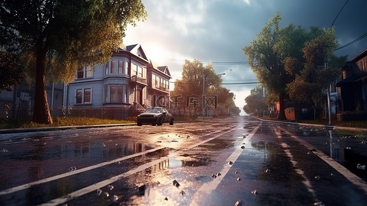 多雨的城市街道的 3D 插图，房屋茂密，灌木丛和大路水坑