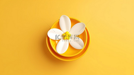卡黄色背景图片_简约的黄色背景，白色的盘子和花朵，3D 渲染的食物概念