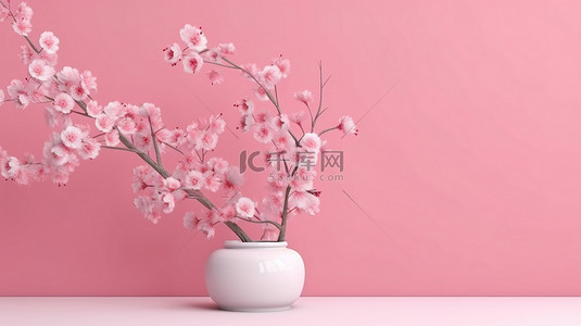 桃树桃花背景图片_优雅的日本樱花枝，简约风格，令人惊叹的自然场景，粉红色背景，3D 渲染插图