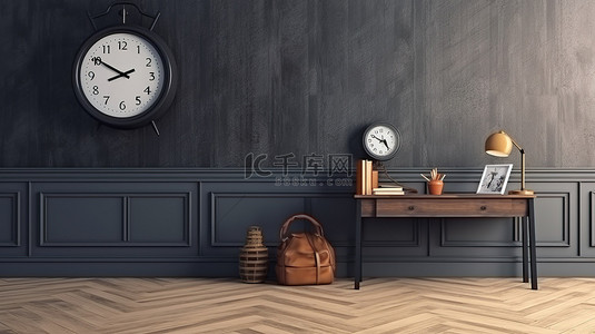 白色镶木地板房间中的传统教室设置黑板和挂钟3D 渲染