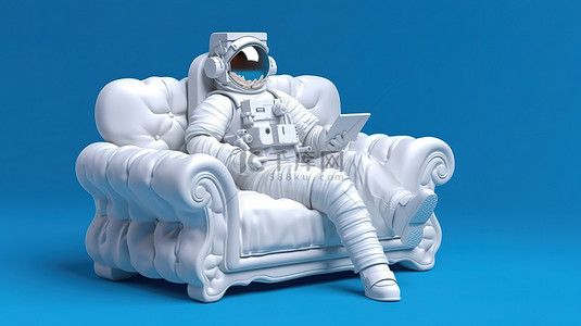 宇航员躺在蓝色沙发上使用笔记本电脑的 3D 插图