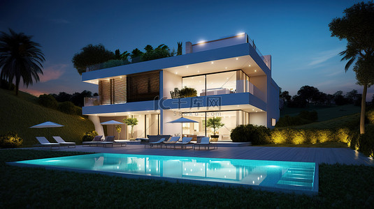 别墅豪宅背景图片_令人印象深刻的白色现代别墅的夜景，带有 3d 渲染的花园和游泳池