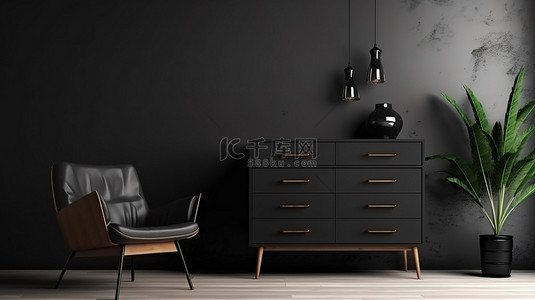 时尚海报的别致 3D 渲染悬挂在现代黑色内饰中，配有配套的抽屉柜和椅子