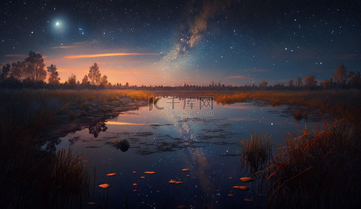 月亮星空卡通背景背景图片_星空夜晚湖面背景
