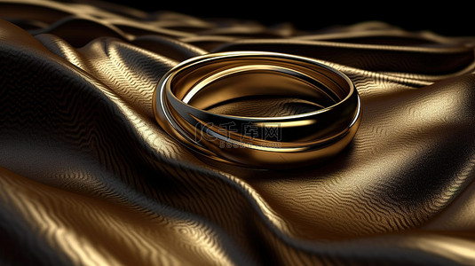 在 3d 渲染中带有金戒指和棕色布的抽象背景