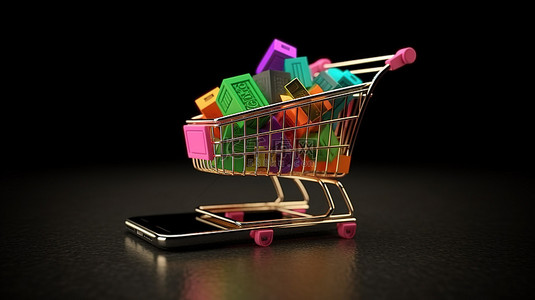 手机店铺背景图片_电子商务使 3D 渲染中的智能手机购物车概念变得简单
