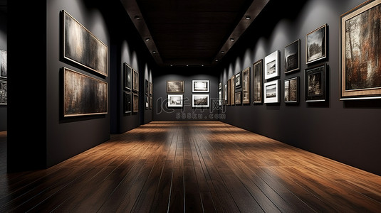 深色石膏围墙画廊室 3D 渲染，配有木地板和空海报框架