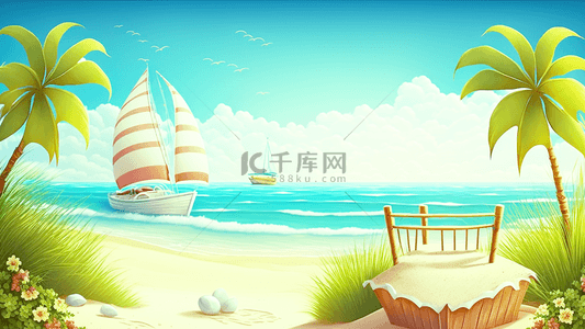 黄色海边背景图片_夏天帆船海边卡通背景