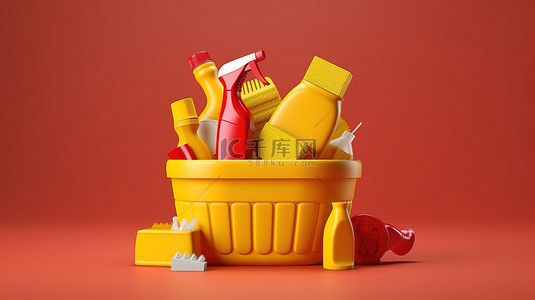卫生用品背景图片_3d 渲染清洁要点设置在红色桶中