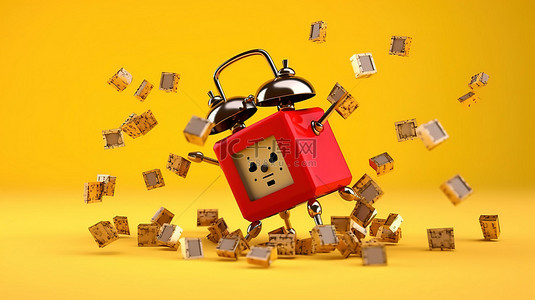 黄色背景的 3D 渲染，带有飞行的红色游戏骰子立方体和闹钟吉祥物