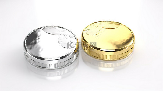 银币背景背景图片_3d 渲染中的金币和银币在白色背景下被隔离