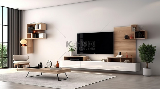 电视墙背景图片_现代客厅配有 3D 渲染设计师电视柜