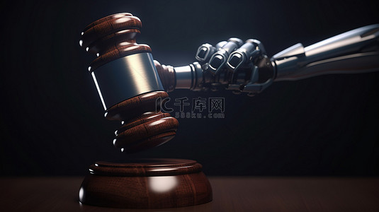 科技与未来背景图片_拿着法官木槌的机器人手的 3D 渲染