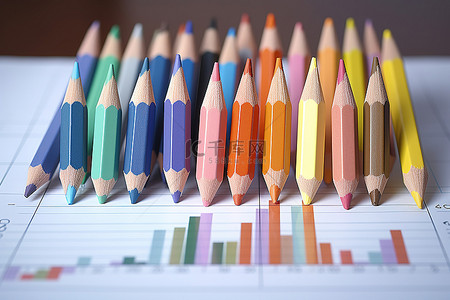 彩色铅笔背景图片_三支彩色铅笔位于图表顶部，上面画有线条