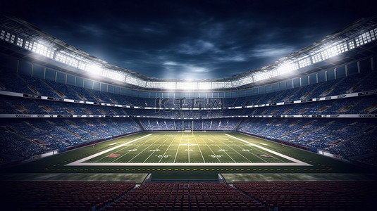 足球草地背景图片_聚光灯照亮的美式足球场的 3d 渲染