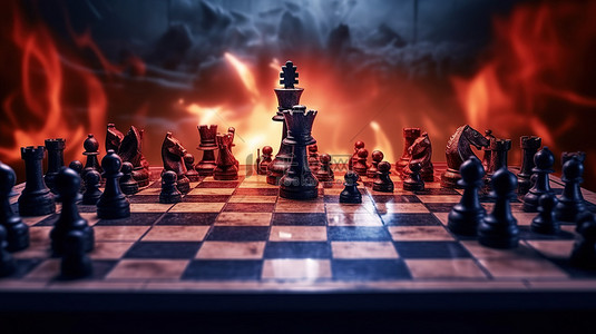 象棋游戏背景背景图片_棋盘上的激烈冲突3D插画游戏