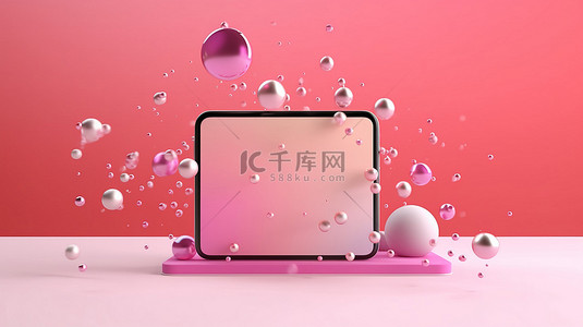 手机展示背景图片_尖端手机展示在基座上，周围漂浮着气泡，背景是 3D 渲染的充满活力的粉红色背景