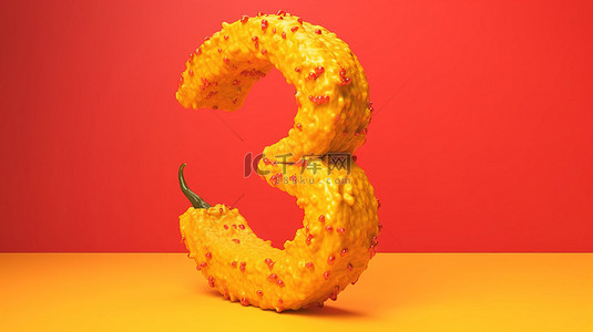 充满活力的黄色背景下的 3D 渲染中的辣椒时尚三号