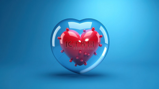 蓝色背景 3D 渲染上带有红心的爱情概念蓝色气泡消息