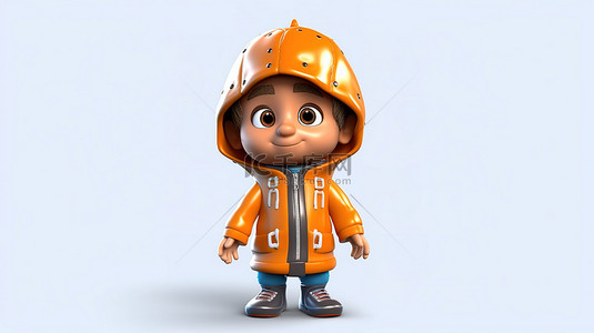 可爱的 3D 卡通男孩穿着雨具玩得很开心