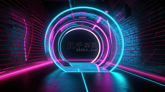 沉浸式体验虚拟现实中霓虹灯和抽象背景的发光隧道