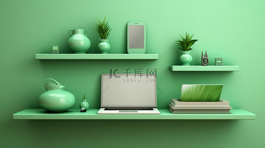 绿色墙架上显示的电子设备笔记本电脑手机和平板电脑 3D 插图