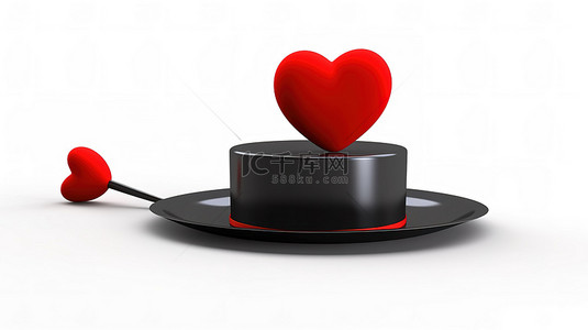 孤立的魔术师帽子和红心的 3d 渲染，象征着白色背景上的爱