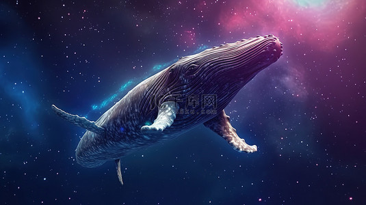 雄伟的蓝鲸在星云和星系的宇宙景观中潜水的令人惊叹的 3D 渲染
