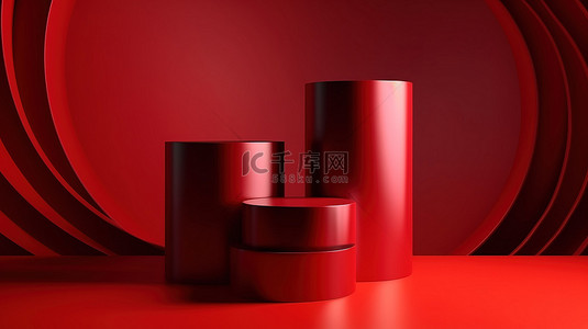 用于高端产品展示的红色圆柱讲台的豪华抽象 3D 渲染