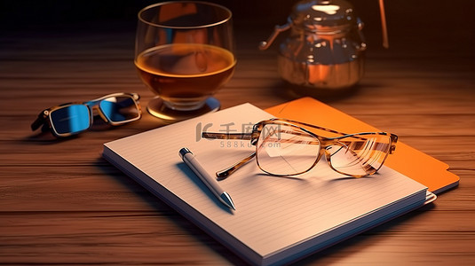 带眼镜笔记本和咖啡的时钟的学习和商业要点 3D 渲染