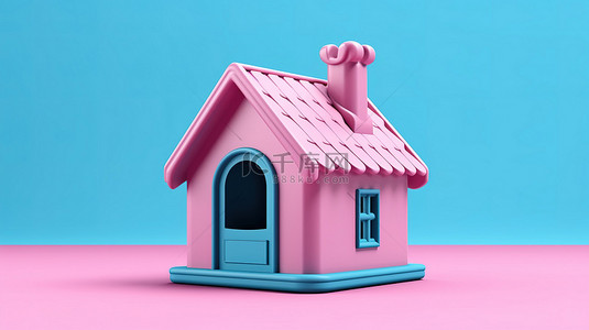 粉红色背景 3D 渲染双色调蓝色卡通狗屋样机