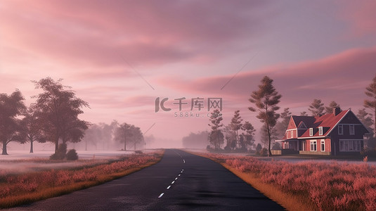 社区建设背景图片_清晨薄雾中宁静的社区 3D 插图，空荡荡的道路两旁排列着房屋小屋灌木丛和树木，在粉红色的天空下
